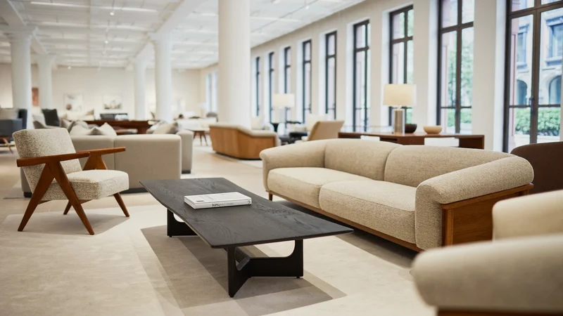 Heller Ausstellungsraum mit Sofa, Sessel und Couchtisch im Tageslicht