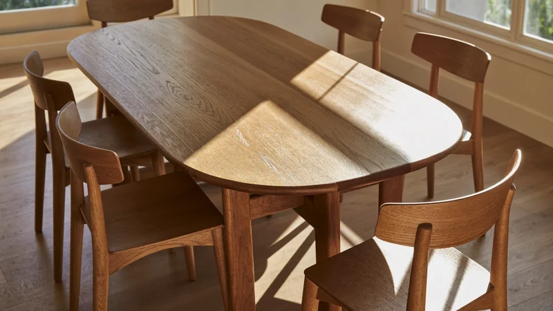 Massiver Eichentisch mit vier Holzstühlen in einem sonnigen Esszimmer